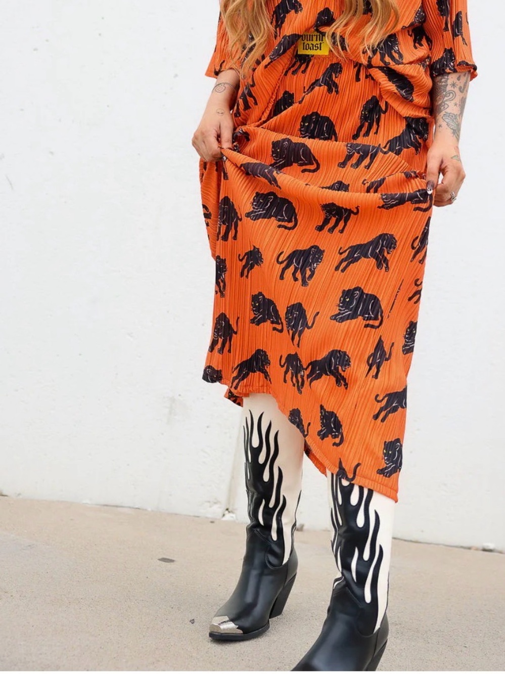 Burnt Toast - Midnight Strike Orange Panther-Print Midi Skirt - Women